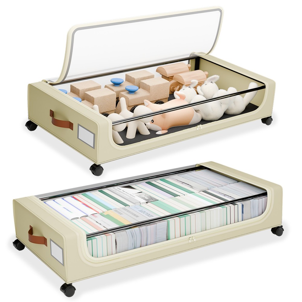Space Saving Under Bed Clothes Storage 2-Rolling Bins - XL Clear Boxes with Lids