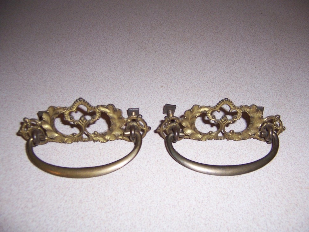 2 ANTIQUE ORNATE BRASS DRAWER PULLS