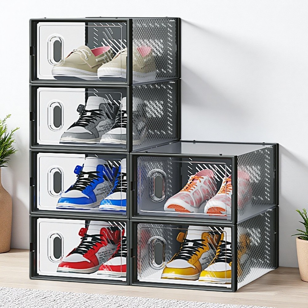 6-Pack Shoe Storage Boxes - Stackable, Plastic Mesh, Door, Black & Small Size