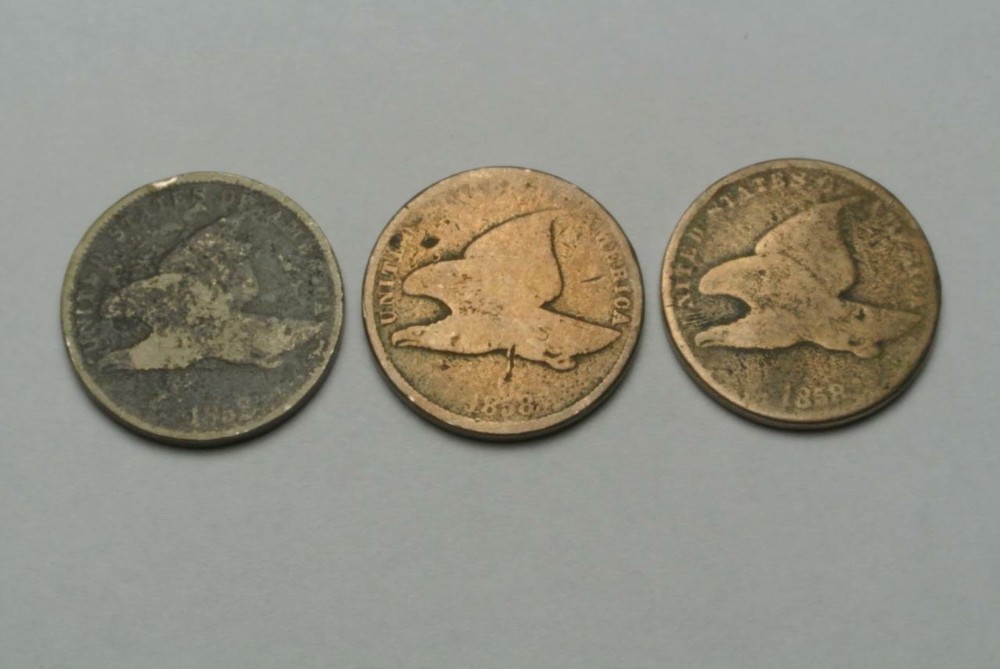 3 Three 1858 Flying Eagle Cents, Low Grades With Dates, CHEAP!  - C8069