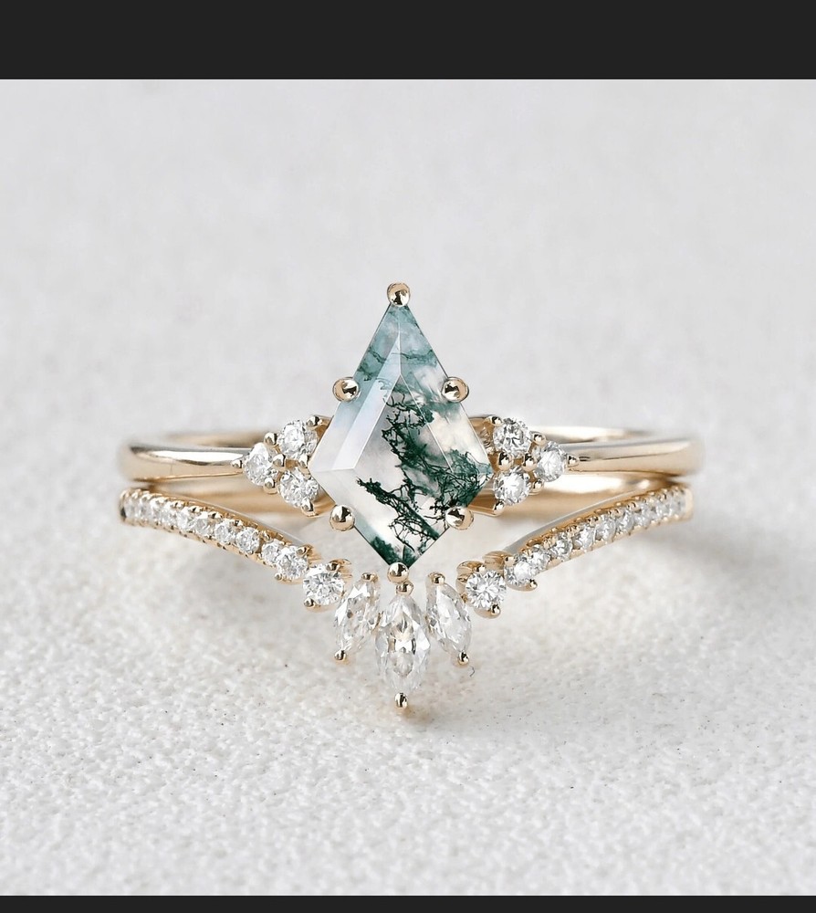 Natural Moss Agate KIte Shape Ring Sterling Silver |Unique Boho Engagement Glft.