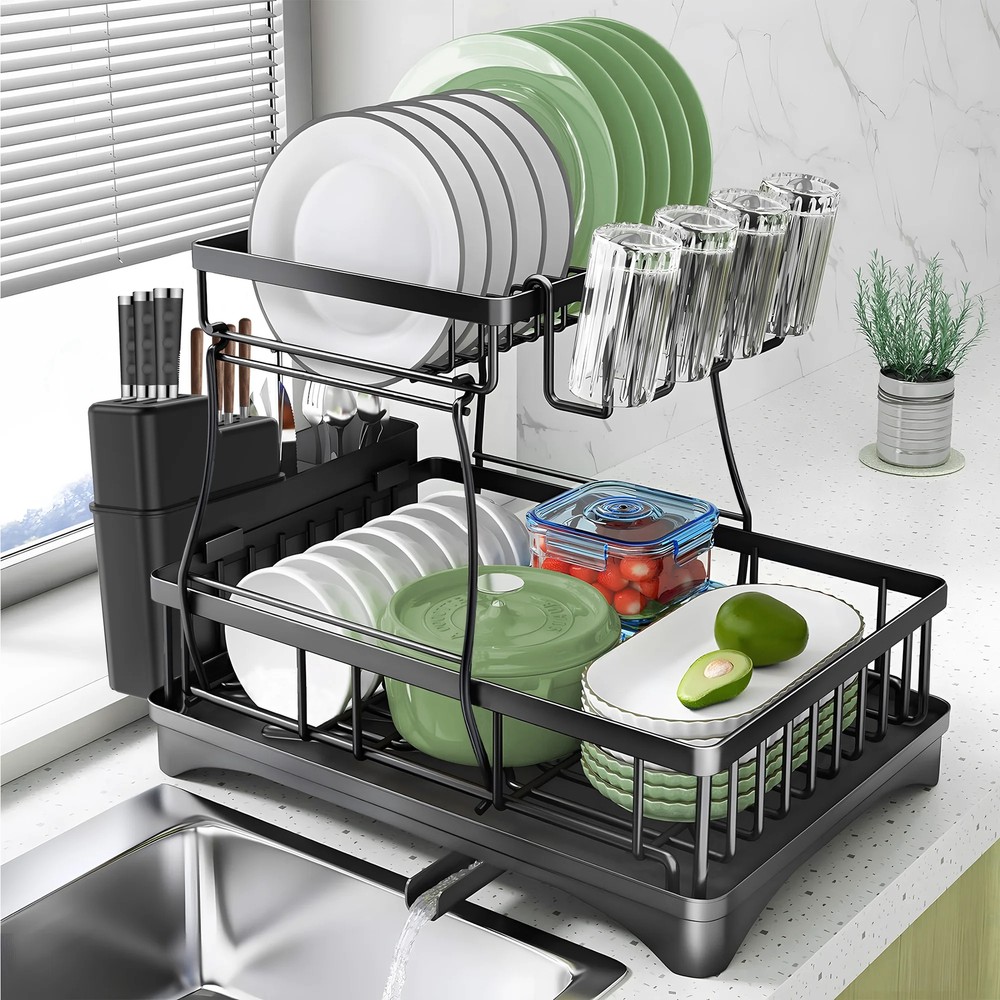 2-Tier Large Dish Drying Rack for Kitchen Counter Drainer Organizers Cups Holder