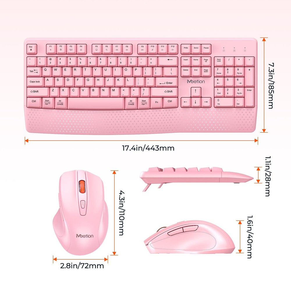 Wireless Keyboard with Wrist Rest Mouse Combo 2.4G Full-Sized Pink
