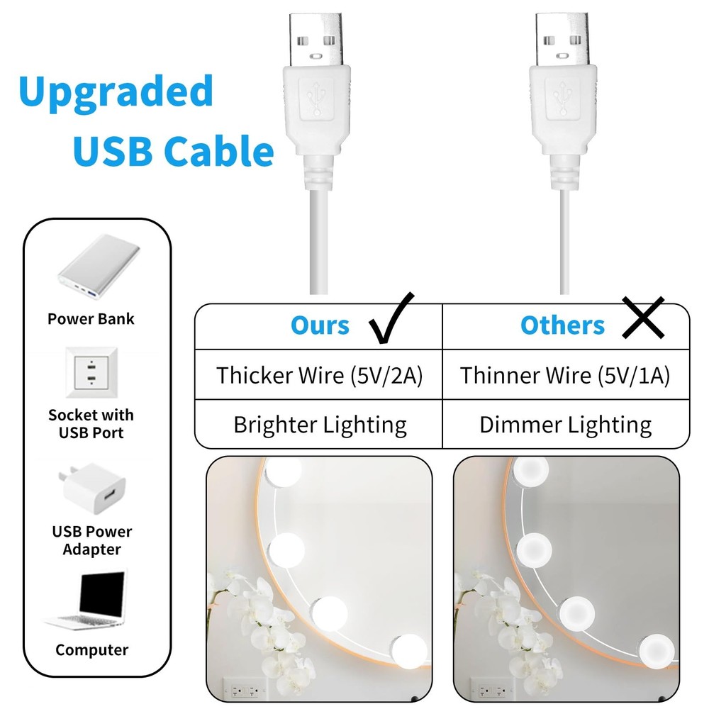 Mirror Vanity Lights 12 Dimmable Bulbs 3000K-6500K USB Powered LED Adjustable