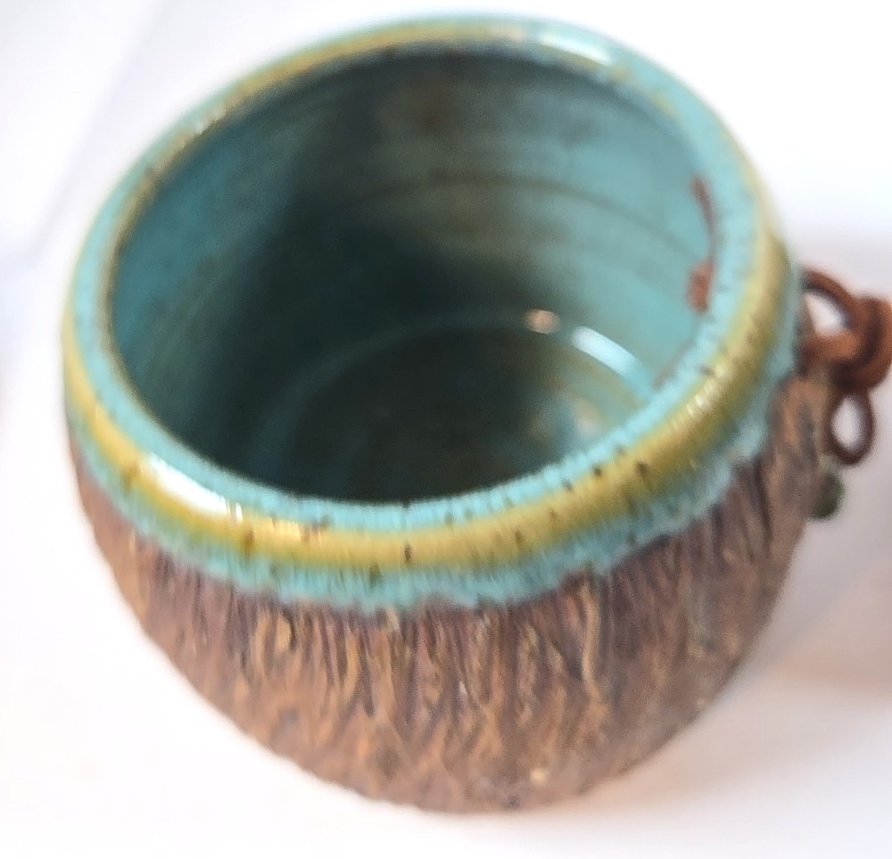 Studio Art Pottery Butter Bell Crock Stoneware Rustic Tree Design Aqua Interior