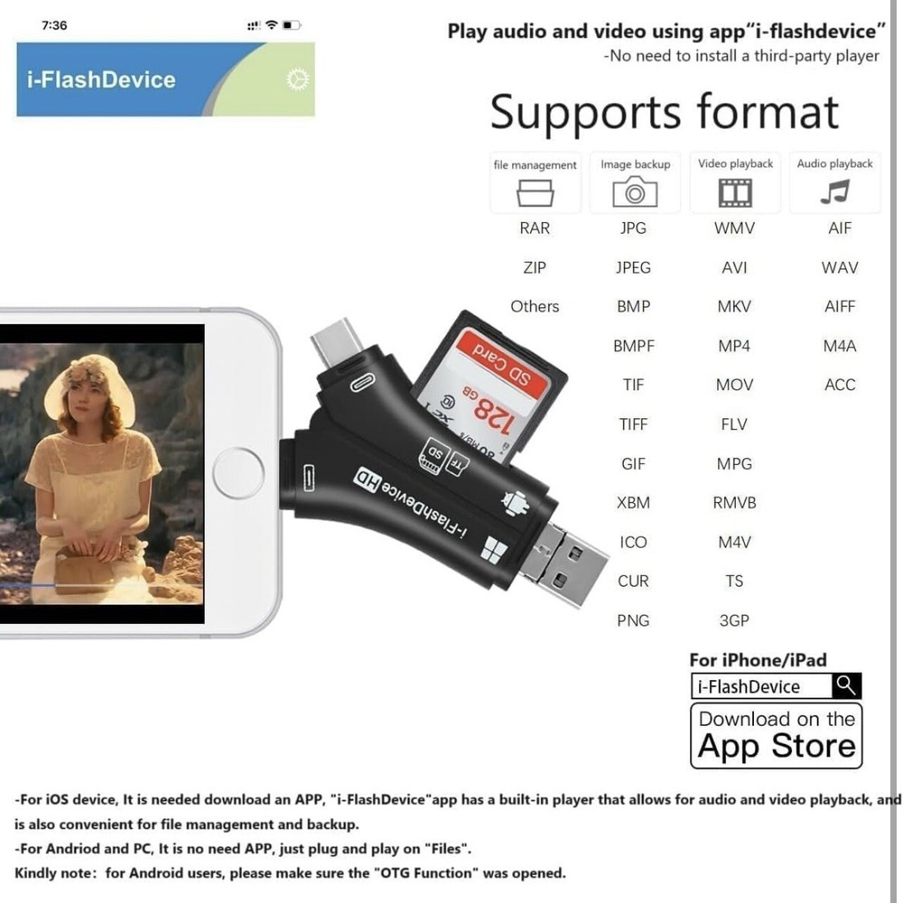 Flash Drive 4 In 1 USB Micro SD TF Memory Card Reader Adapter iPhone Android PC