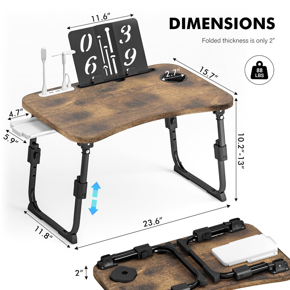 Lap Desk for Bed Adjustable Height, Foldable Bed Table with Storage Drawer, T...