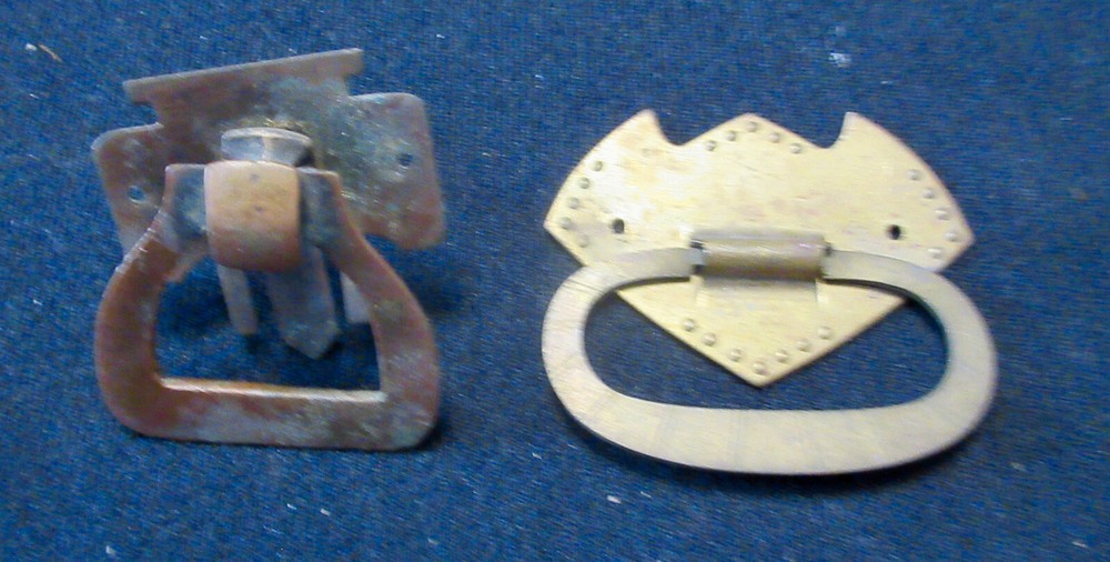 2 DROP DRAWER PULLS 1 BRASS, MULTI SHAPED, 2" WIDE #402