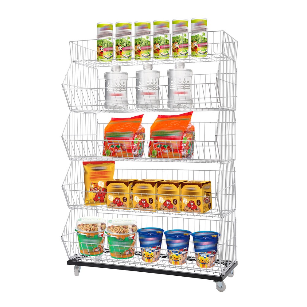 5 Tier Wire Grid Retail Display Shelf Merchandise Display Rack Stand W/ Wheels