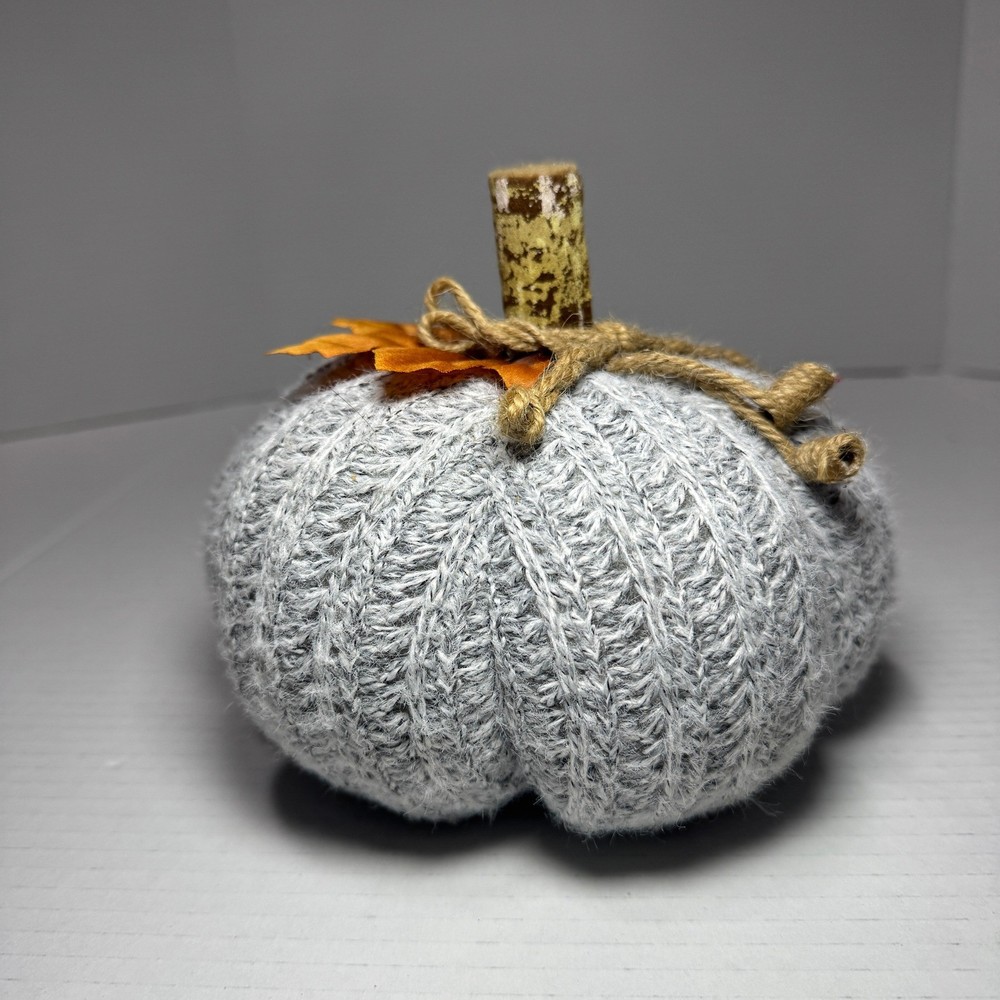 Gray Knit Sweater Pumpkin Fall Decor with Leaf, Rustic Farmhouse Style