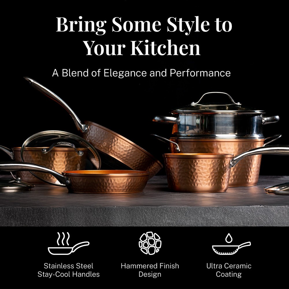 Gotham Steel Diamond Hammered 10pc Ceramic Nonstick Cookware Set Copper