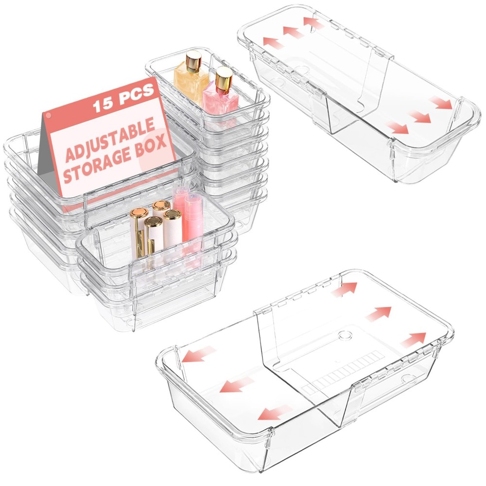 15 Pcs Extendable Clear Drawer Organizer All Adjustable Vanity Storage Box 2