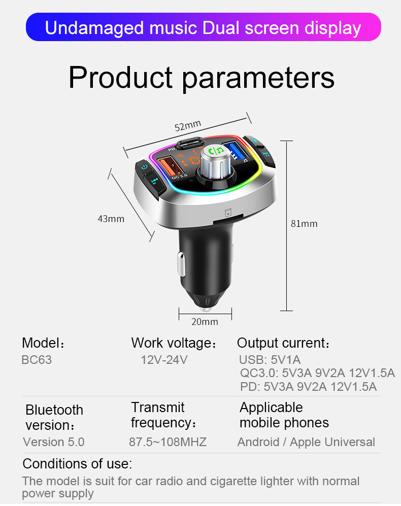 Car Bluetooth FM Transmitter MP3 U Disk Player Adapter Kit Dual USB Fast Charger