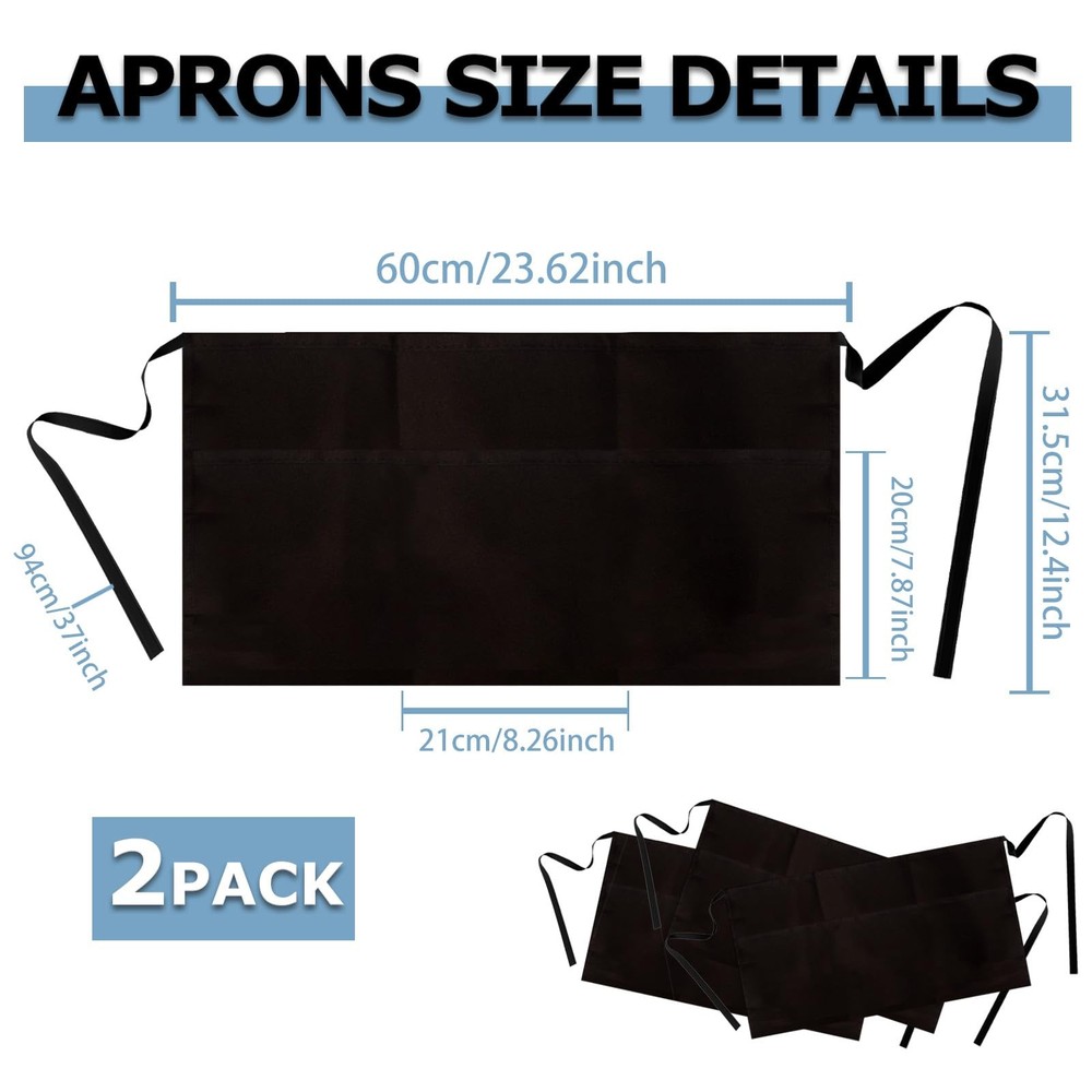2 Pack Server Apron, Black with 3 Pockets | Waitress Uniform for Work