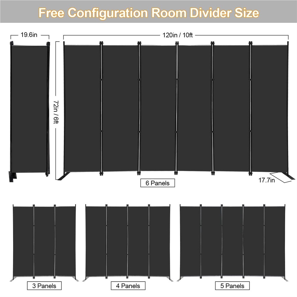 MAYOLIAH 6 Panel Folding Privacy Screen 9ft Wide, 6ft Tall 6 Panel, Black