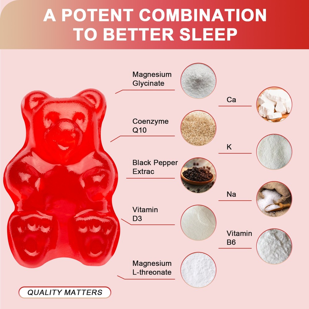 Magnesium Glycinate Gummies Support Sleep & Brain Raspberry Flavor 0-Sugar