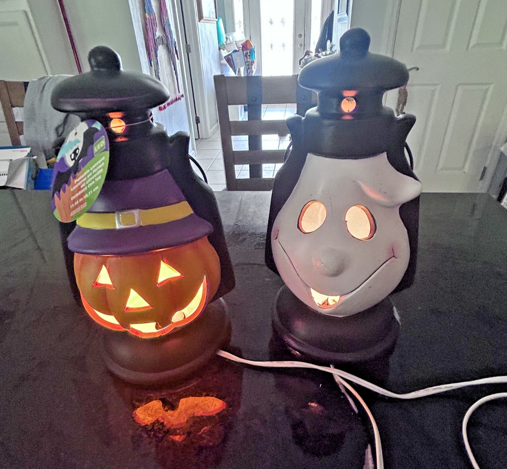 Halloween Pumpkin & Ghost Lantern Lights Pair Indoor Décor Modified Bulb 2016