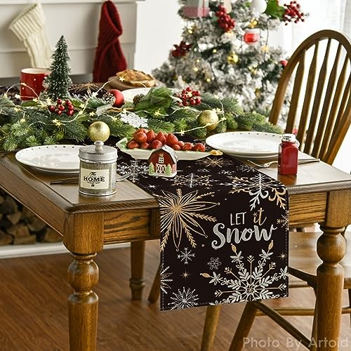 Snowflake Let It Snow Winter Table Runner, 13" x 72", Table Runner Black