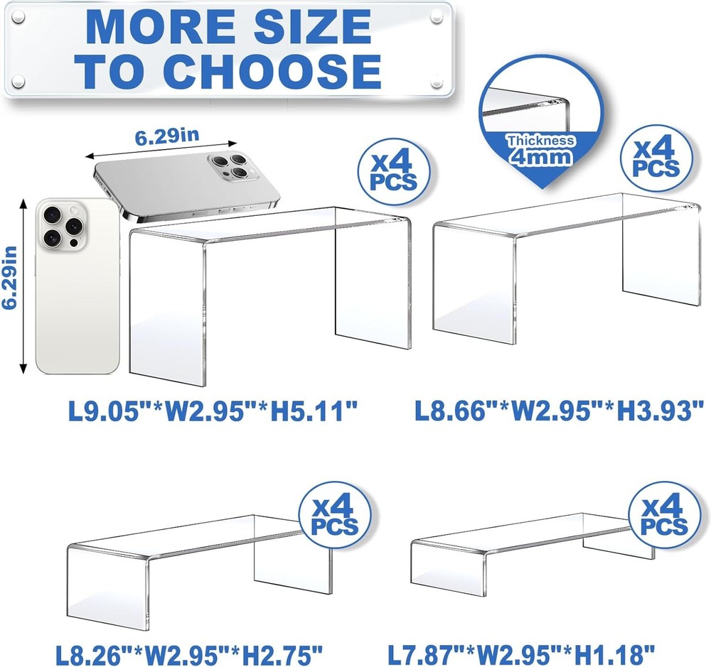 Display Risers 16 Pcs 4 Set 7”L~8”L~9”L Acrylic Riser Display Shelf Clear Risers