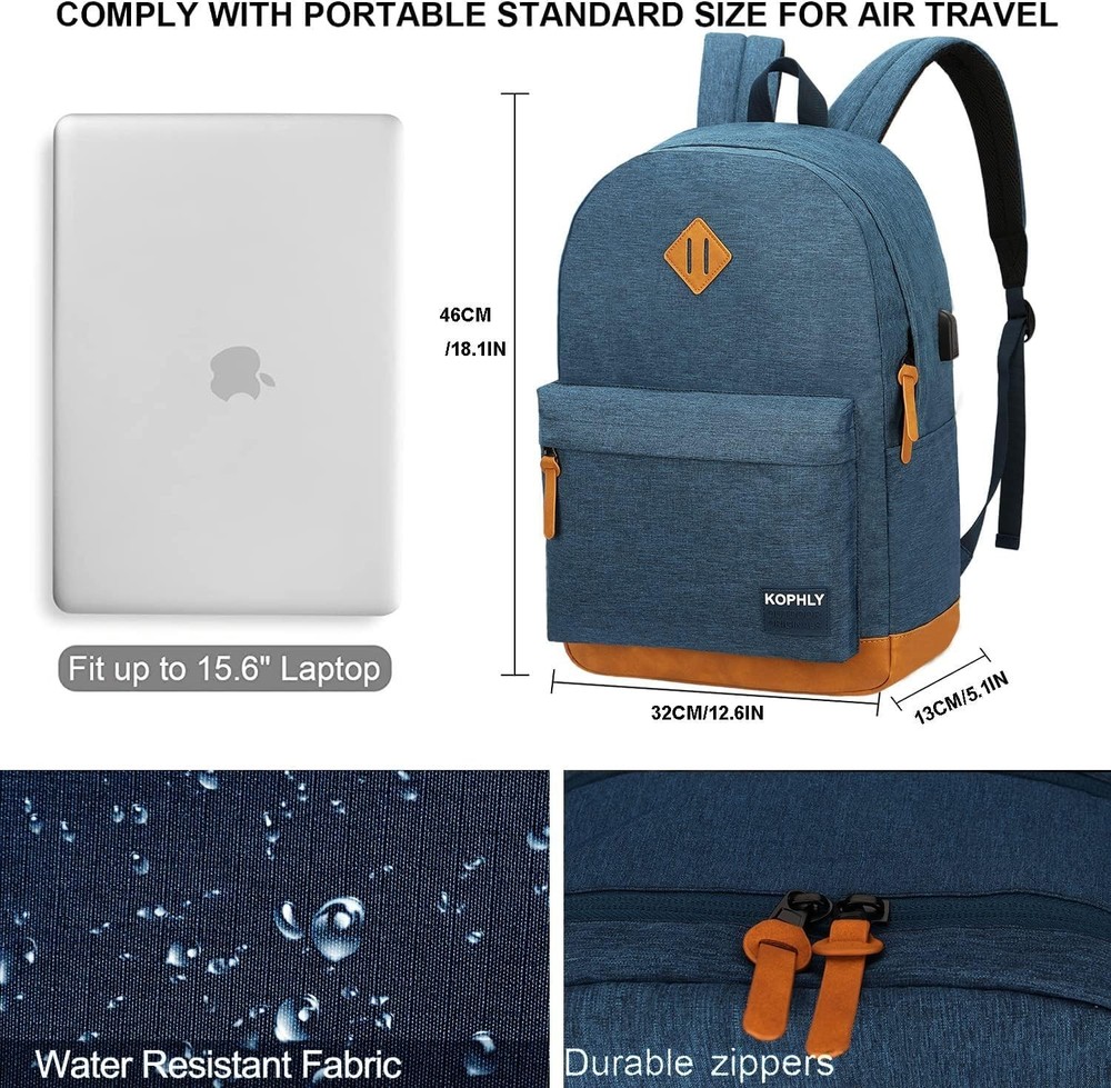 Laptop Backpack with Leather Decoration, USB Charging Port, Classic Backpack ...