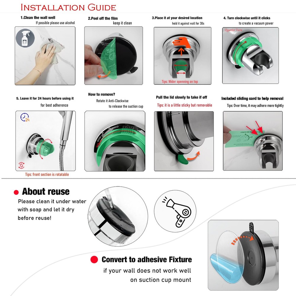 Handheld Shower Head Holder Suction Cup Relocatable Wide Angles Adjustable ...