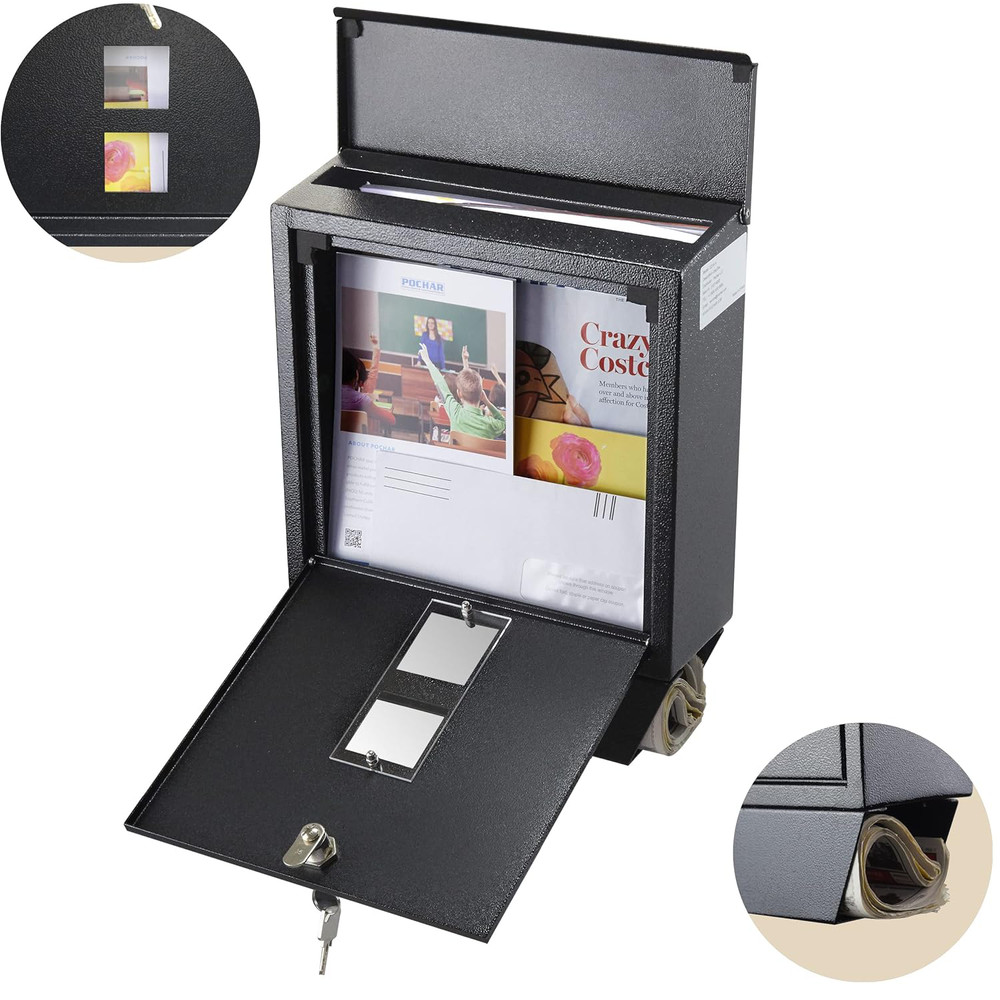 Wall Mount Locking Mailbox with Newspaper Holder, Rainproof Galvanized Mail Box