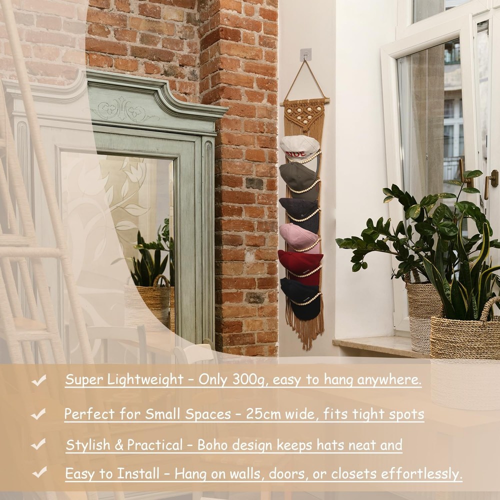 Cap Hanger-1 Pack-Boho Macrame Cap Holder Wall Hat Organizer for Baseball Cap...