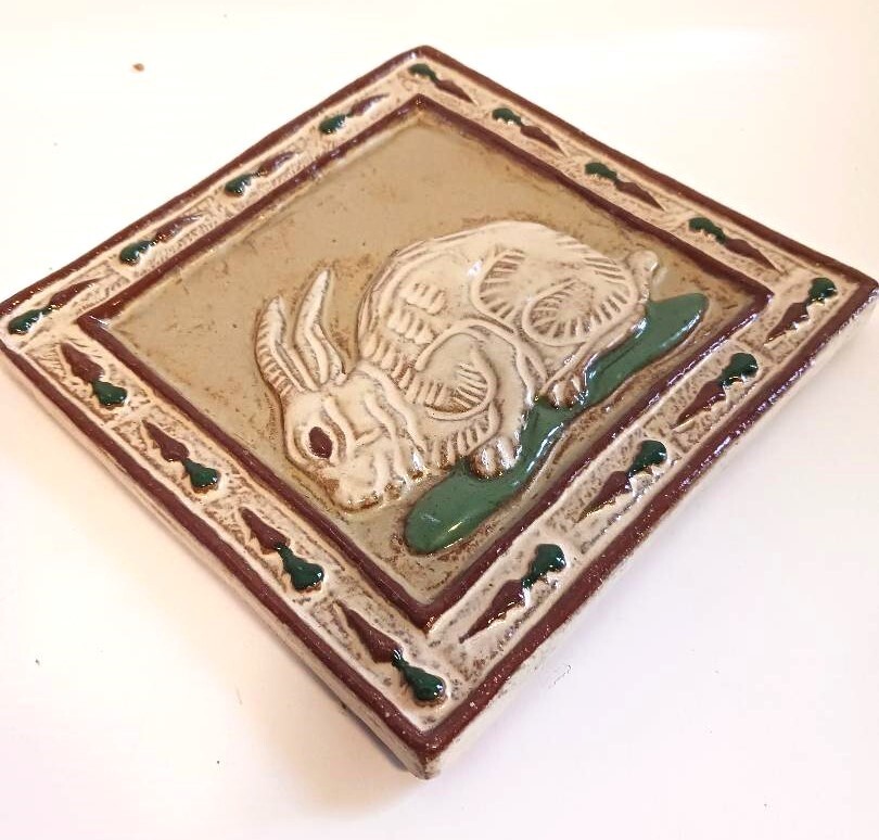 Rabbit 6x6 ceramic tile, handmade, hand painted, multicolor, notch to hang