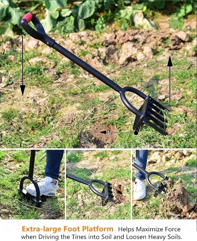 Heavy Duty 5-Tine Pitch Fork - Long Handle Garden Weeder