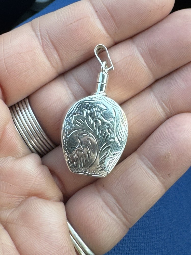 Sterling Silver ~ Perfume Bottle Pendant 1.5" ~ w /Dabber ~ Engraved