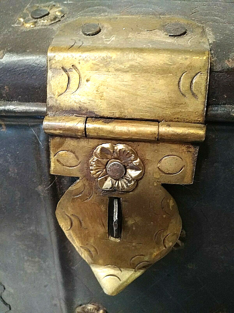 Vintage Metal Document Chest Box w/ Applied Brass Rosettes & Primitive Etching