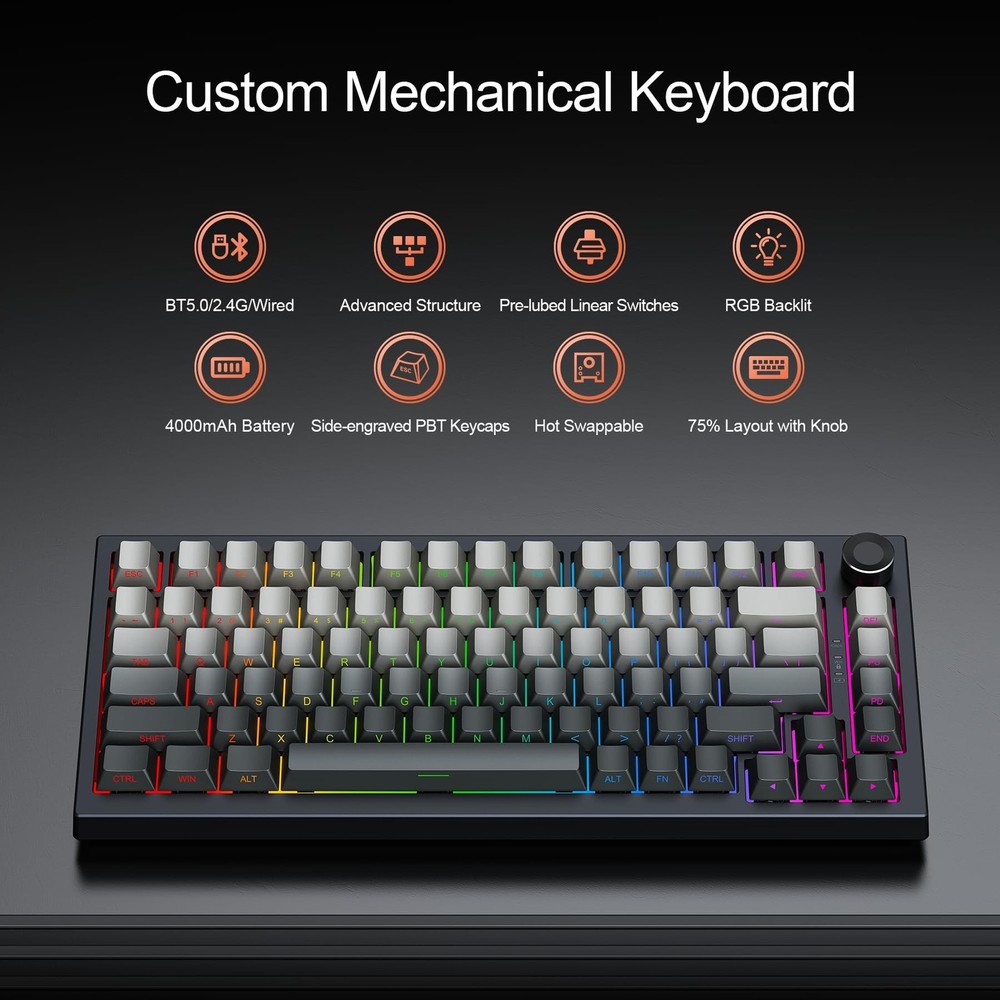 Gurjot Wireless Mechanical Keyboard, 75% Hot Swappable Custom Keyboard, Side ...