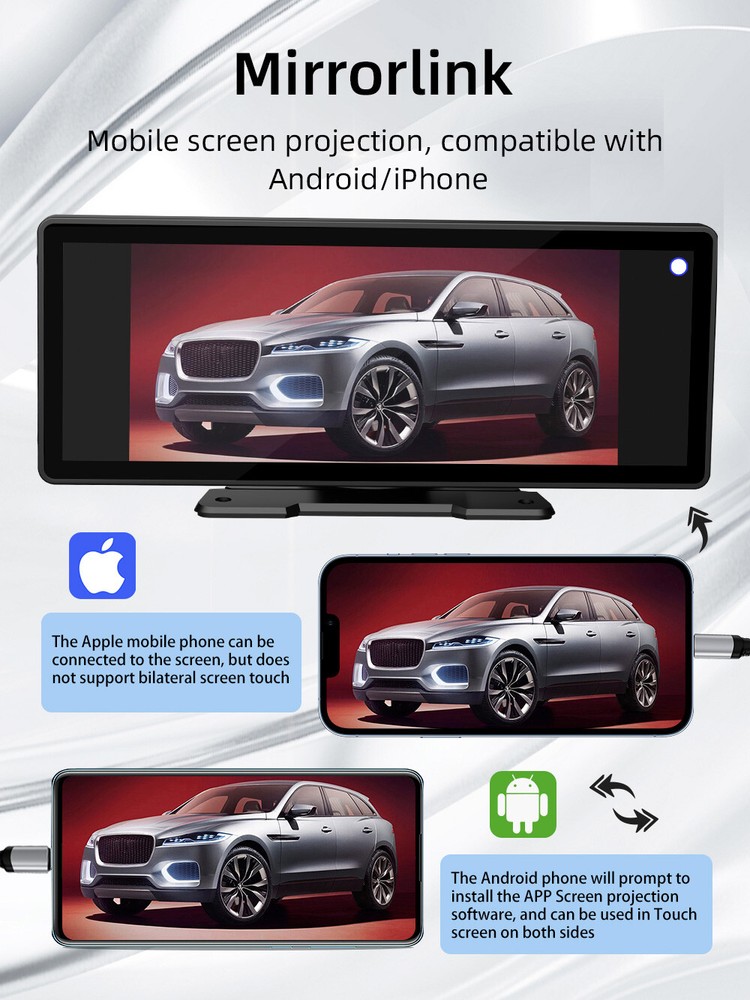 10" Wireless Touch Screen BT Android Auto HD Portable Multimedia Apple Carplay