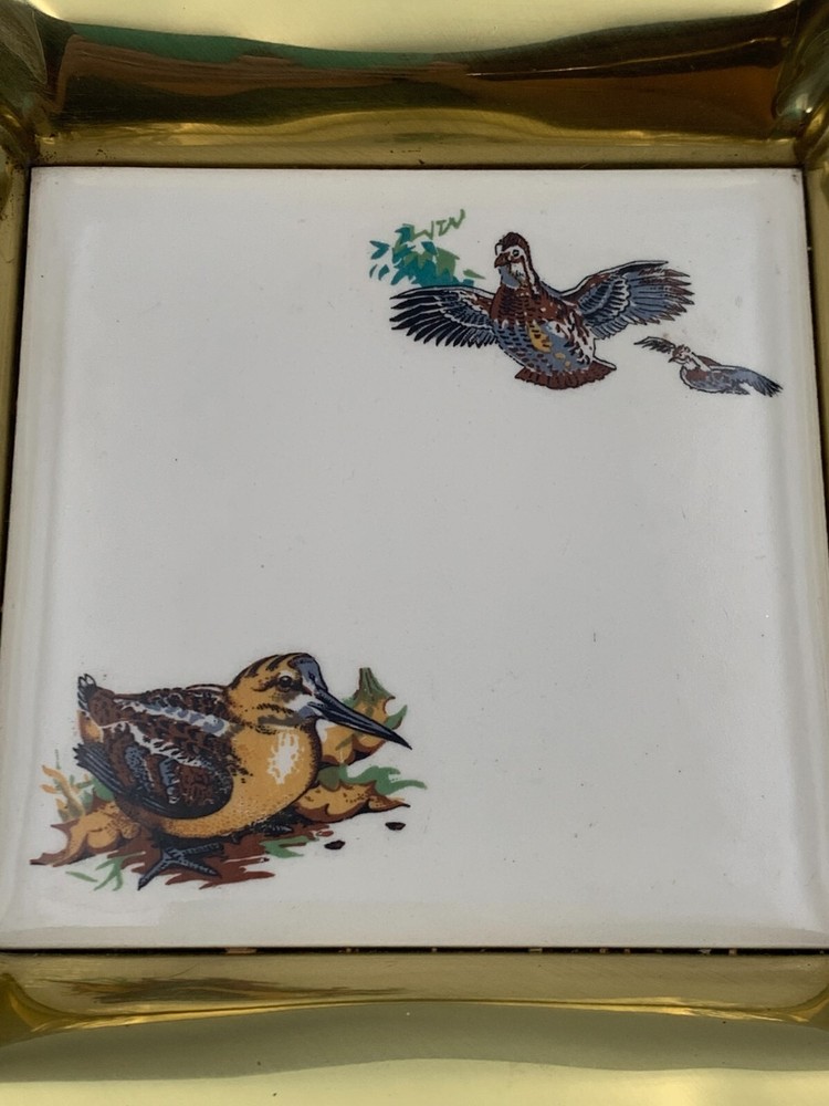 Vintage Solid Brass by Blake Wall Plaque Handpainted Tile with Birds