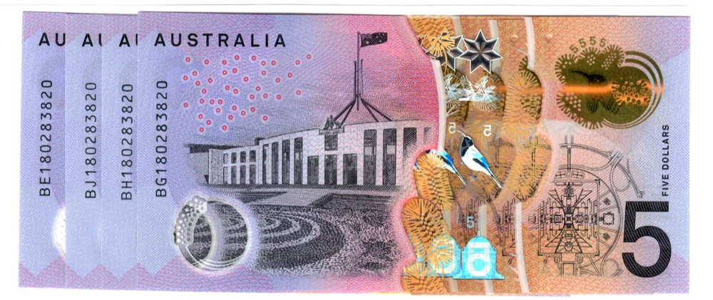 2018 Australia 5 Dollar Banknote P62 UNC Polymer 4 Notes MATCHING SERIAL NUMBER