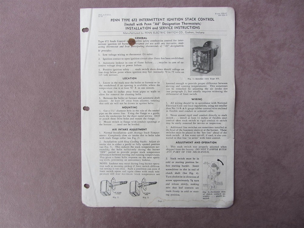 1947 Penn Electric 672 Ignition Stack Control Burner Install Service Sheet