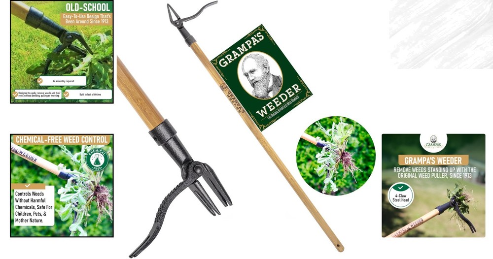 46" Bamboo Weed Puller Tool - Ergonomic 4-Claw Design, Lightweight