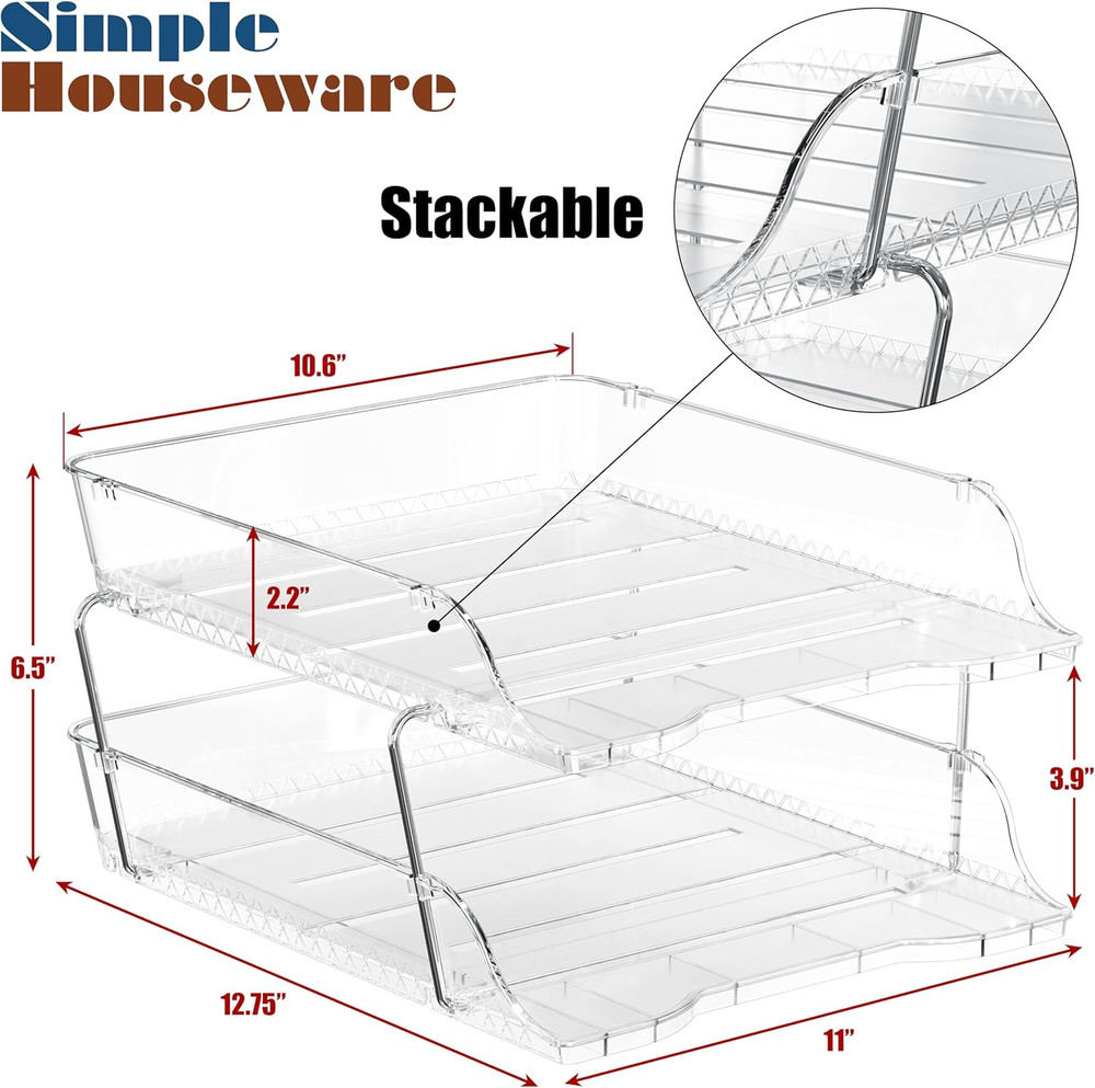 Simple Houseware 2-Tier Clear Stackable Letter Tray Organizer – Desktop File Hol