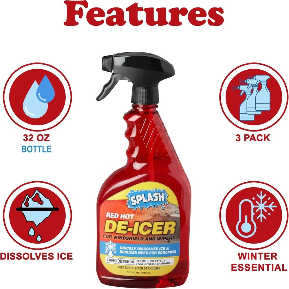 Pack of 3 Splash Red Hot De-icer Windshield Trigger Spray 32 Ounces