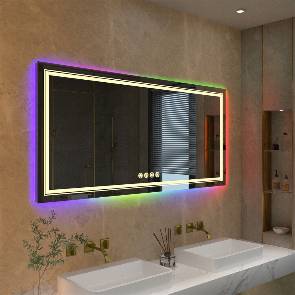 Large Bathroom HD Vanity Mirror RGB Multicolor Backlit+Adjustable Front-Lighted