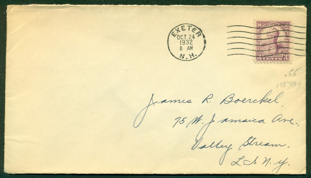 SCOTT # 725 FDC, NO CACHET, SCRIPT ADDRESS, EXETER, NH, GREAT PRICE!