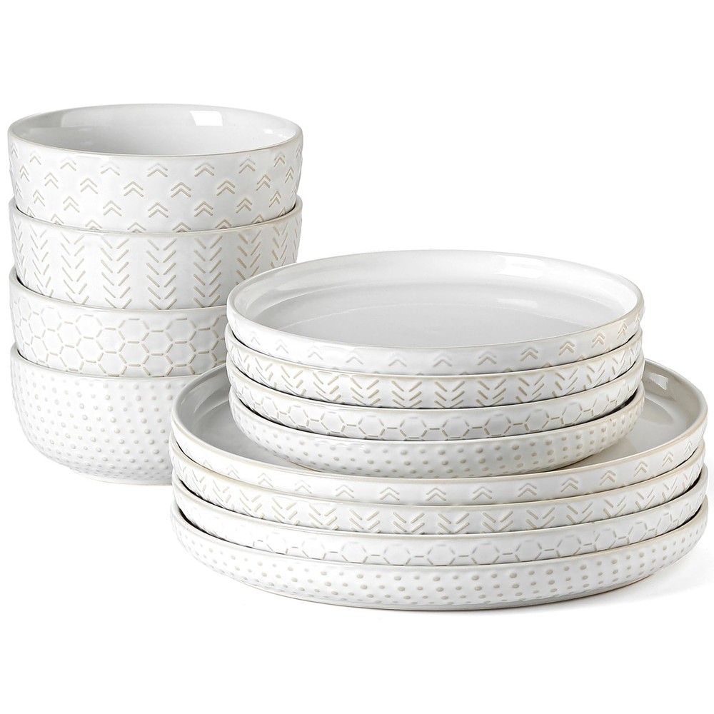 Embossed Boho Ivory White 12-Piece Reactive Glaze Stoneware Set for 4
