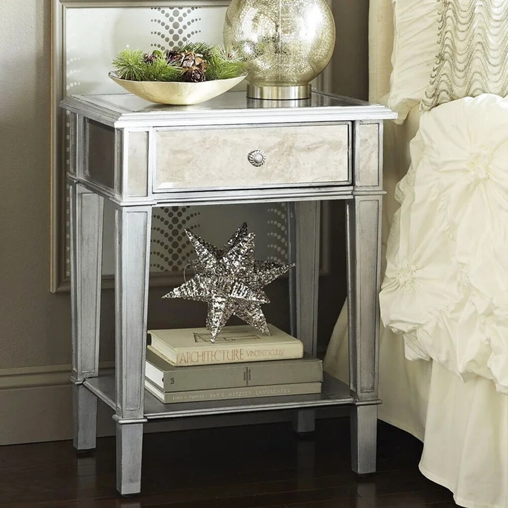 2Tier Modern Silver Mirrored Side End Table Nightstand Bedside Table with Drawer
