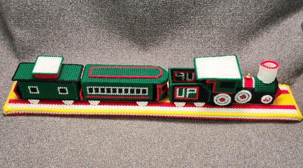 Vintage Plastic Canvas Needlepoint Train Finished Christmas Train Mounted