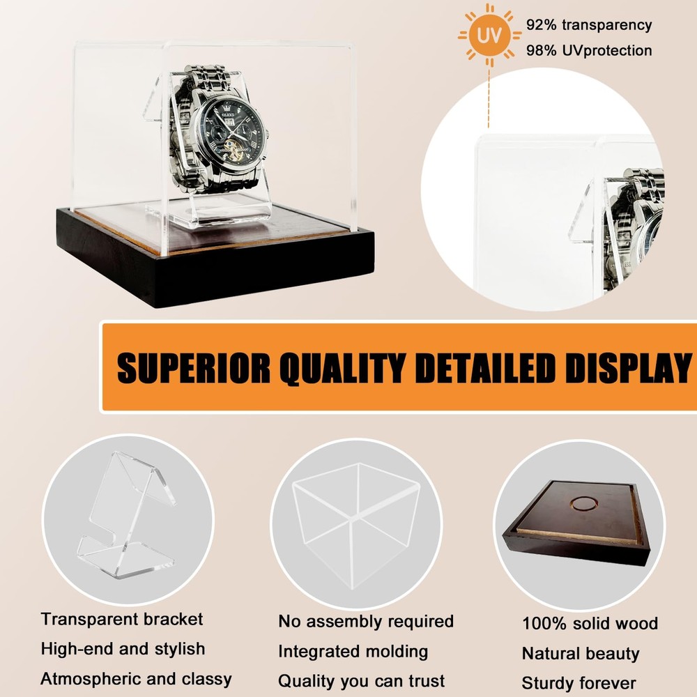 Single Watch Display Case, 3mm Clear Acrylic Watch Box with Solid Wood Base, ...