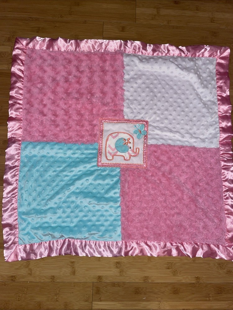AD Sutton Son Pink Blue White Patchwork Elephant Baby Blanket Satin Minky Dot