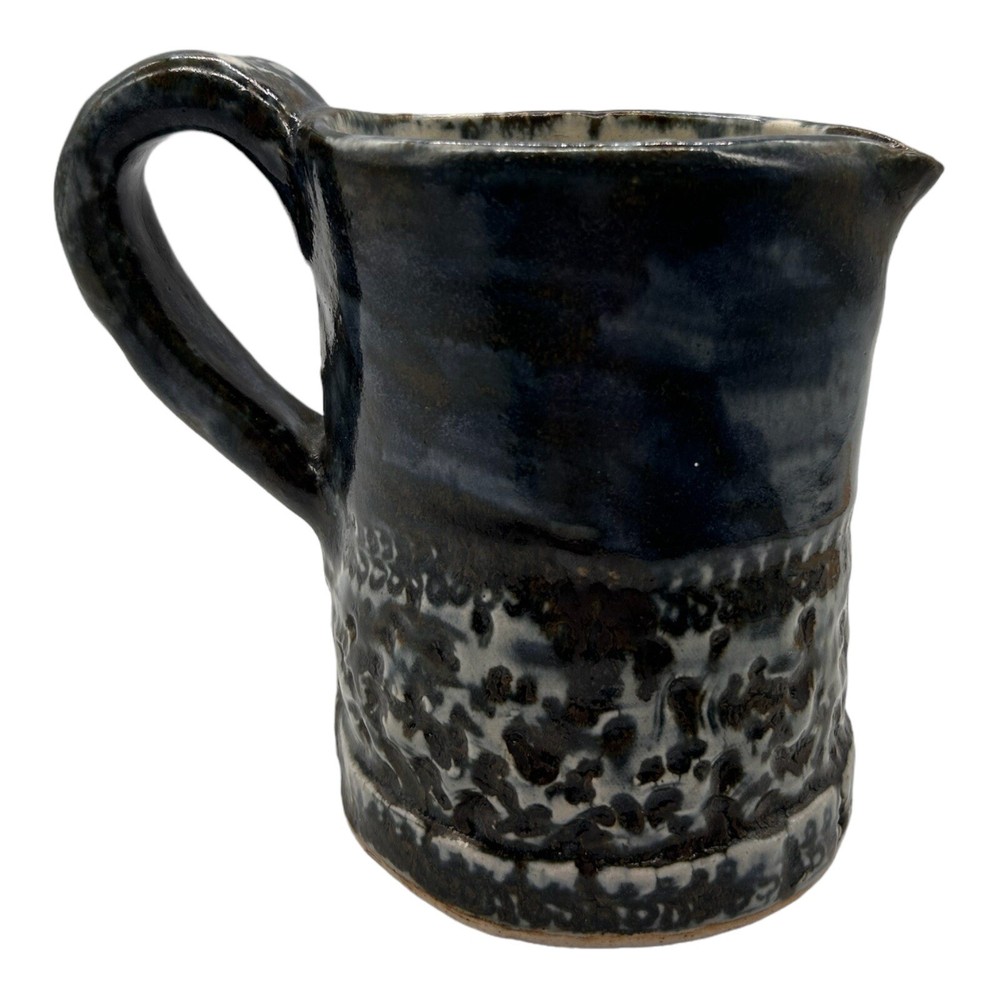 Blue Embossed Glazed Pitcher Art Pottery Etched Signed 6” Tall