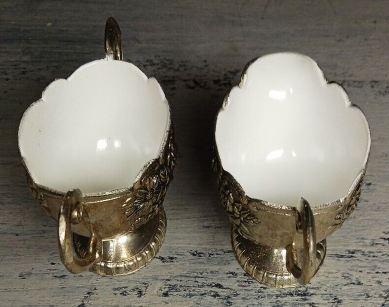 Silver Plate Cream & Sugar Dish Set With Porcelain Inside Nice Embossing Outside