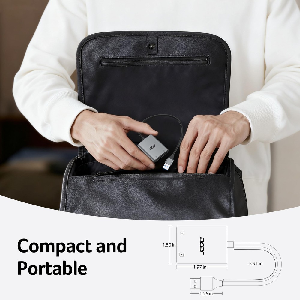 Acer SD Card Reader, USB A 3.0 to Micro Memory Aluminum Grey