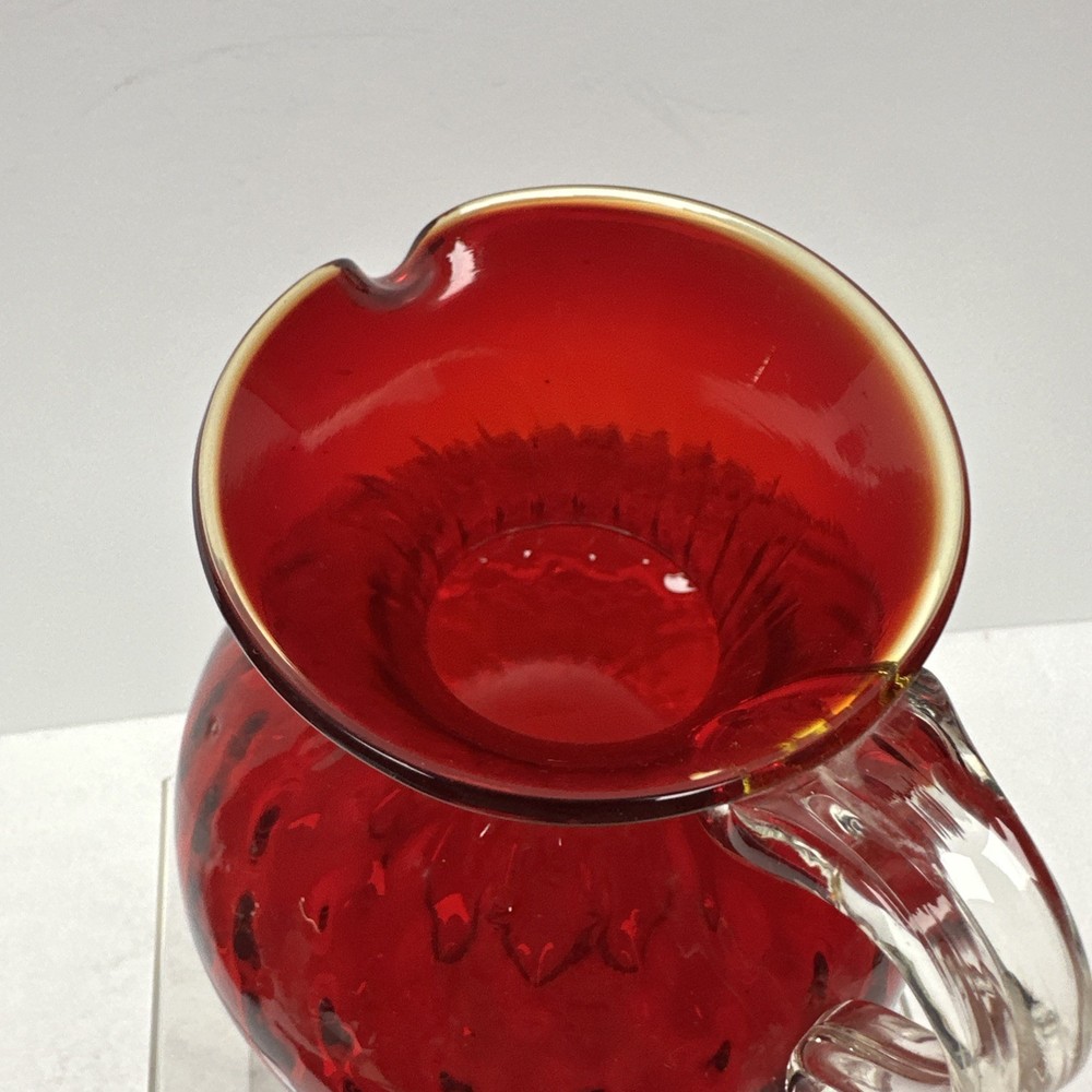 Pilgrim Glass Ruby Red Quilted Optic Pitcher Handle Rim Glows Hand Blown 5”